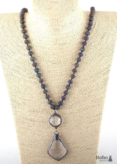 Boho Necklace, RH Antique Brass Lava Stone Glass
